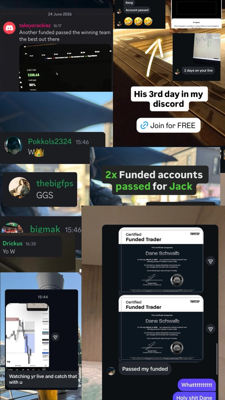 Collage of member messages and funded account passes shared in The Winning Team