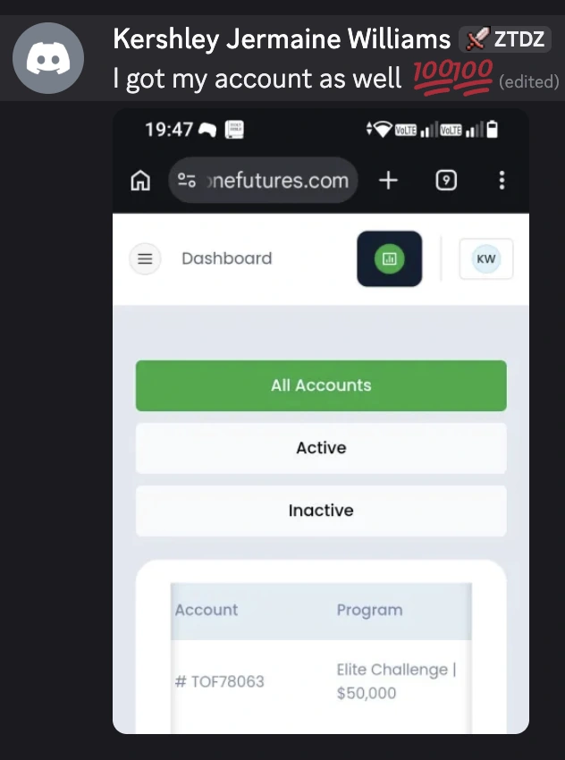 A member sharing their Top One Futures dashboard in The Winning Team Discord