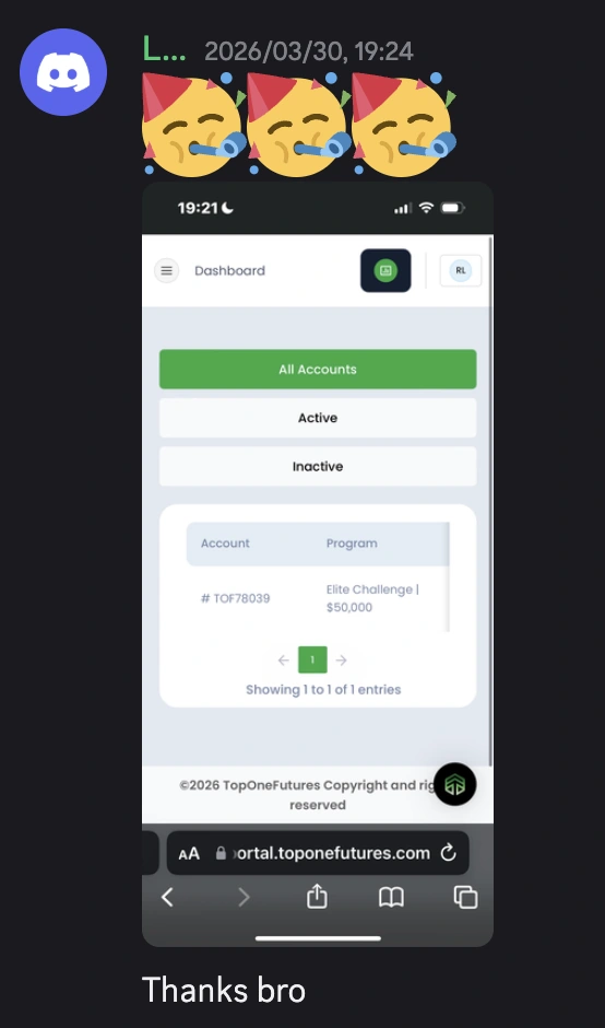 Another member sharing their Top One Futures account in The Winning Team Discord