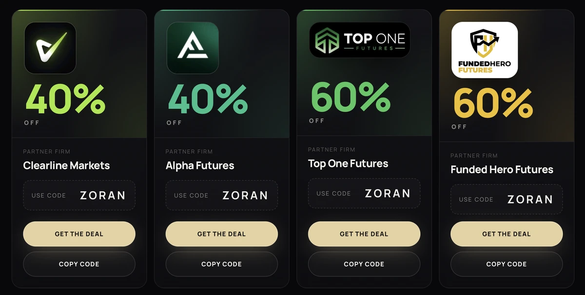 Prop firm partner deals: Clearline Markets, Alpha Futures, Top One Futures and Funded Hero Futures with code ZORAN