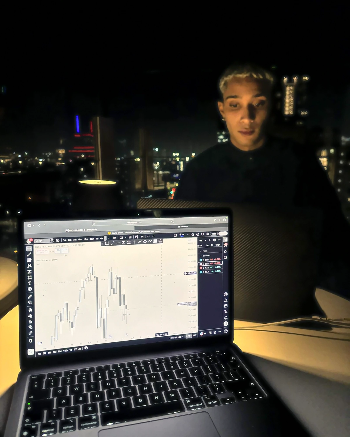 Zoran trading from his laptop at night
